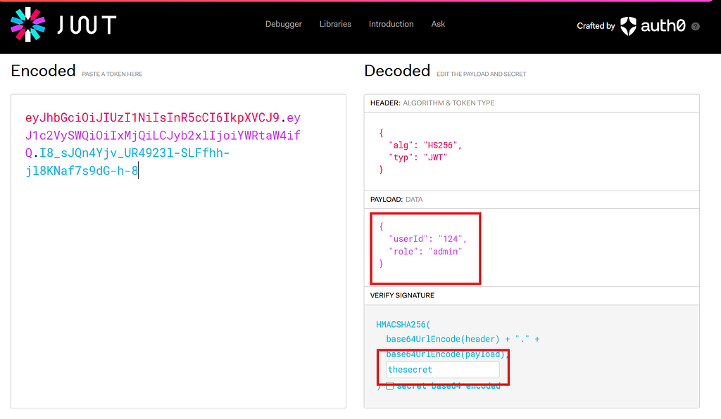 changing the user id and its role to admin by adding the correct secret